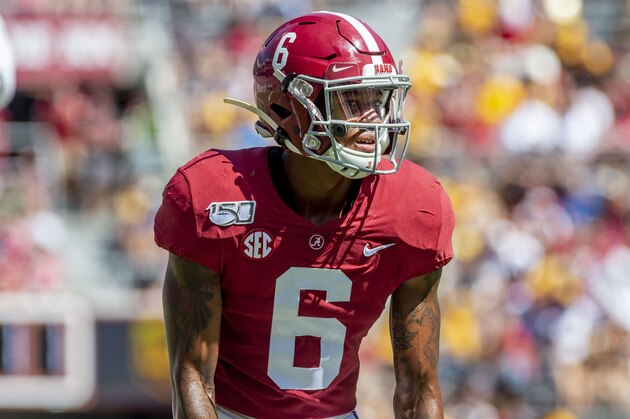Alabama wide receiver DeVonta Smith (6) during the first half of an NCAA college football game against Southern Miss, Saturday, Sept. 21, 2019, in Tuscaloosa, Ala. (AP Photo/Vasha Hunt)