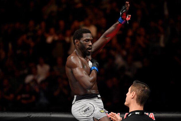 COPENHAGEN, DENMARK - SEPTEMBER 28:  Jared Cannonier celebrates his TKO victory over Jack Hermansson of Sweden in their middleweight bout during the UFC Fight Night event at Royal Arena on September 28, 2019 in Copenhagen, Denmark. (Photo by Jeff Bottari/Zuffa LLC/Zuffa LLC via Getty Images)