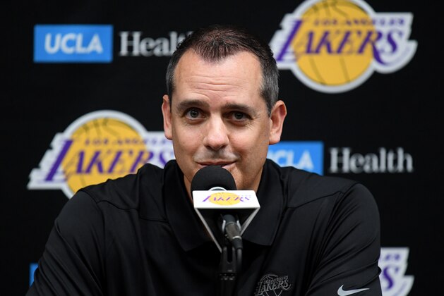 EL SEGUNDO, CALIFORNIA - SEPTEMBER 27:  Los Angeles Lakers head coach, Frank Vogel, speak to the press during Los Angeles Laker media day at UCLA Health Training Center on September 27, 2019 in El Segundo, California. (Photo by Harry How/Getty Images)