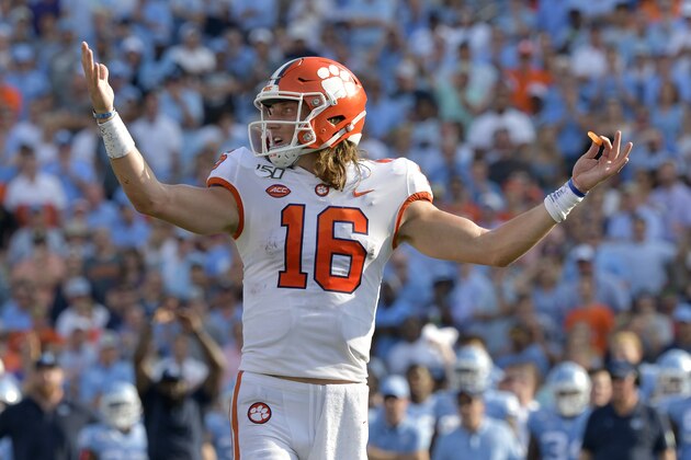 CHAPEL HILL, NORTH CAROLINA - SEPTEMBER 28: Trevor Lawrence #16 of the Clemson Tigers looks to the sideline during the first half of their game against the North Carolina Tar Heels at Kenan Stadium on September 28, 2019 in Chapel Hill, North Carolina. (Photo by Grant Halverson/Getty Images)