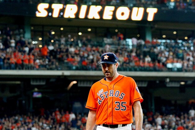 HOUSTON, TEXAS - SEPTEMBER 22: Justin Verlander #35 of the Houston Astros walks to the dugout after striking out Kole Calhoun of the Los Angeles Angels to end the fifth inning at Minute Maid Park on September 22, 2019 in Houston, Texas. (Photo by Bob Levey/Getty Images)