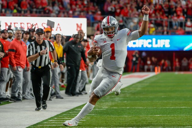 LINCOLN, NE - SEPTEMBER 28: Quarterback Justin Fields #1 of the Ohio State Buckeyes runs down the sidelines against the Nebraska Cornhuskers at Memorial Stadium on September 28, 2019 in Lincoln, Nebraska. (Photo by Steven Branscombe/Getty Images) LINCOLN, NE - SEPTEMBER 28: Quarterback Justin Fields #1 of the Ohio State Buckeyes runs down the sidelines against the Nebraska Cornhuskers at Memorial Stadium on September 28, 2019 in Lincoln, Nebraska. (Photo by Steven Branscombe/Getty Images)
