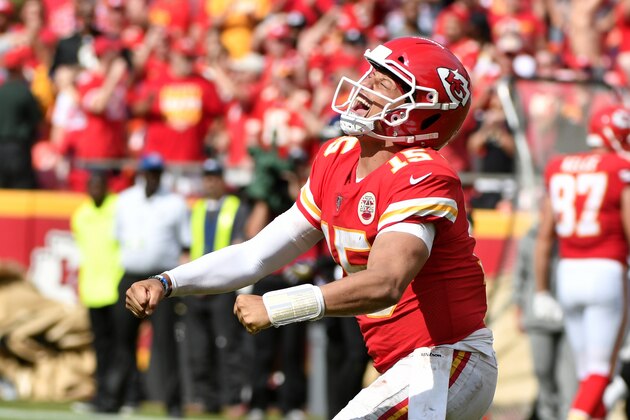 Kansas City Chiefs quarterback Patrick Mahomes (15) celebrates after completing a pass for a first down during the second half of an NFL football game against the Baltimore Ravens in Kansas City, Mo., Sunday, Sept. 22, 2019. (AP Photo/Ed Zurga)