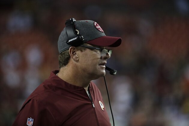 Washington Redskins head coach Jay Gruden looks on during the second half of an NFL football game against the Chicago Bears Monday, Sept. 23, 2019, in Landover, Md. The Bears won 31-15. (AP Photo/Julio Cortez)