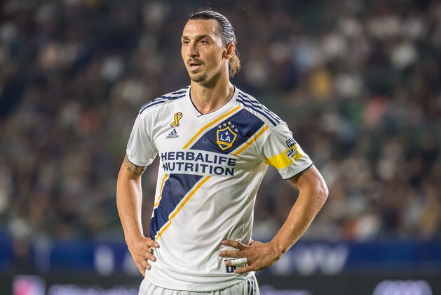 CARSON, CA -SEPTEMBER 15: Zlatan Ibrahimovic #9 of Los Angeles Galaxy during the Los Angeles Galaxy's MLS match against Sporting KC at the Dignity Health Sports Park on September 15, 2019 in Carson, California.  Los Angeles Galaxy won the match 7-2 (Photo by Shaun Clark/Getty Images)