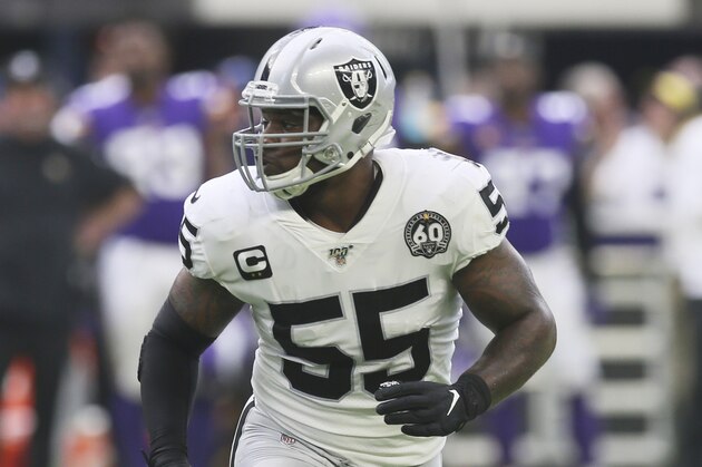 Oakland Raiders linebacker Vontaze Burfict gets set for a play during an NFL football game, Sunday, Sept. 22, 2019, in Minneapolis. (AP Photo/Jim Mone)