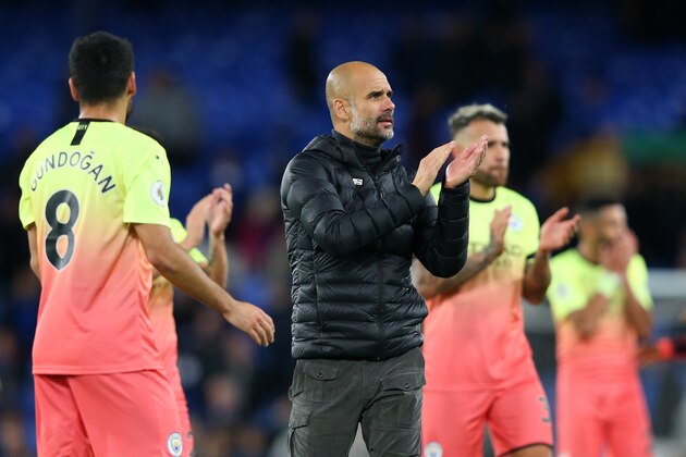 LIVERPOOL, ENGLAND - SEPTEMBER 28: Pep Guardiola, Manager of Manchester City acknowledges fans after his sides victory in the Premier League match between Everton FC and Manchester City at Goodison Park on September 28, 2019 in Liverpool, United Kingdom. (Photo by Alex Livesey/Getty Images)