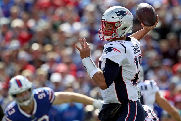 ORCHARD PARK, NEW YORK - SEPTEMBER 29: Tom Brady #12 of the New England Patriots throws the ball during the first quarter of a game against the Buffalo Bills at New Era Field on September 29, 2019 in Orchard Park, New York. (Photo by Bryan M. Bennett/Getty Images)