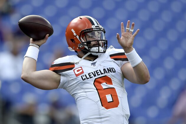 Cleveland Browns quarterback Baker Mayfield works out prior to an NFL football game against the Baltimore Ravens Sunday, Sept. 29, 2019, in Baltimore. (AP Photo/Gail Burton)