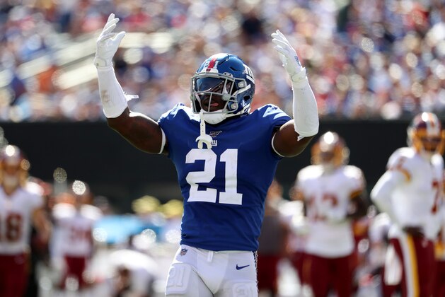 EAST RUTHERFORD, NEW JERSEY - SEPTEMBER 29: Jabrill Peppers #21 of the New York Giants reacts after breaking up a pass in the end zone intended for Jeremy Sprinkle #87 of the Washington Redskins during the first half in the game at MetLife Stadium on September 29, 2019 in East Rutherford, New Jersey. (Photo by Al Bello/Getty Images)