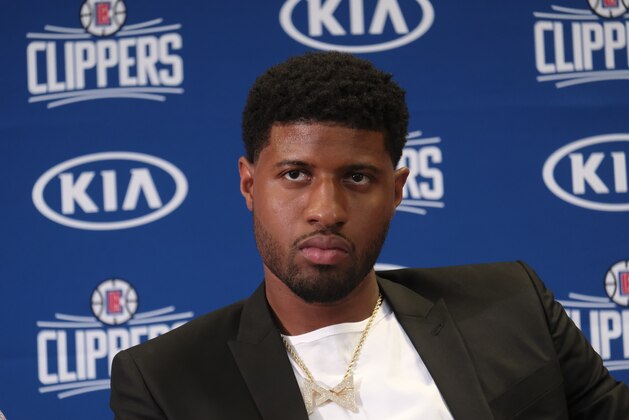 Los Angeles Clippers NBA basketball team introduce Paul George at a press conference at the Green Meadows Recreation Center in Los Angeles, Wednesday, July 23, 2019. (AP Photo/Ringo H.W. Chiu)