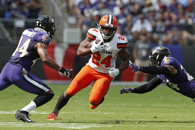 BALTIMORE, MARYLAND - SEPTEMBER 29: Running Back Nick Chubb #24 of the Cleveland Browns runs with the ball in the first half against the Baltimore Ravens at M&T Bank Stadium on September 29, 2019 in Baltimore, Maryland. (Photo by Todd Olszewski/Getty Images)