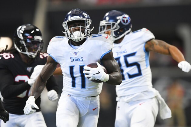 Tennessee Titans wide receiver A.J. Brown (11) runs into the end zone for a touchdown against the Atlanta Falcons during the first half of an NFL football game, Sunday, Sept. 29, 2019, in Atlanta. (AP Photo/John Amis)