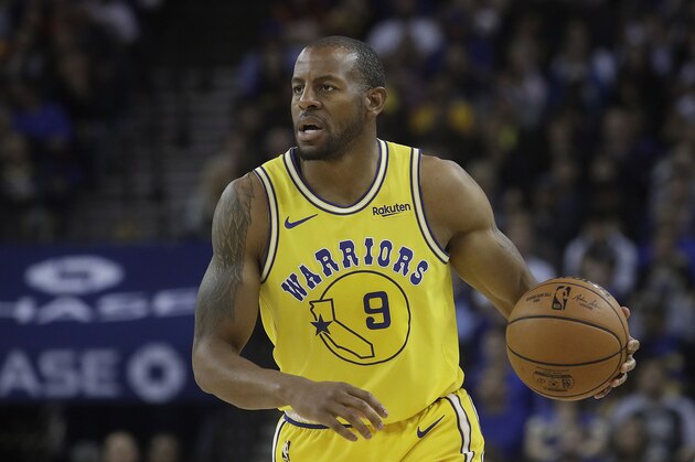 Golden State Warriors guard Andre Iguodala (9) against the Denver Nuggets during an NBA basketball game in Oakland, Calif., Tuesday, April 2, 2019. (AP Photo/Jeff Chiu)