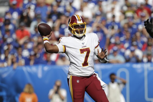 Washington Redskins quarterback Dwayne Haskins throws during the second half of an NFL football game against the New York Giants, Sunday, Sept. 29, 2019, in East Rutherford, N.J. (AP Photo/Adam Hunger)