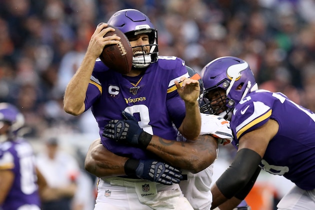 CHICAGO, ILLINOIS - SEPTEMBER 29:  Nick Williams #97 of the Chicago Bears sacks Kirk Cousins #8 of the Minnesota Vikings in the third quarter at Soldier Field on September 29, 2019 in Chicago, Illinois. (Photo by Dylan Buell/Getty Images)