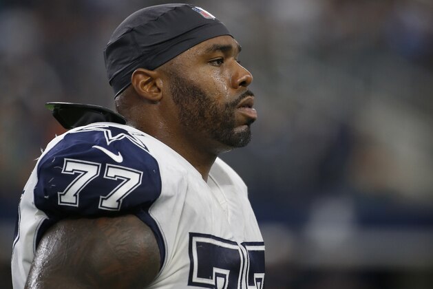 Dallas Cowboys' Tyron Smith (77) walks off the field in the second half of an NFL football game against the Miami Dolphins in Arlington, Texas, Sunday, Sept. 22, 2019. (AP Photo/Ron Jenkins)