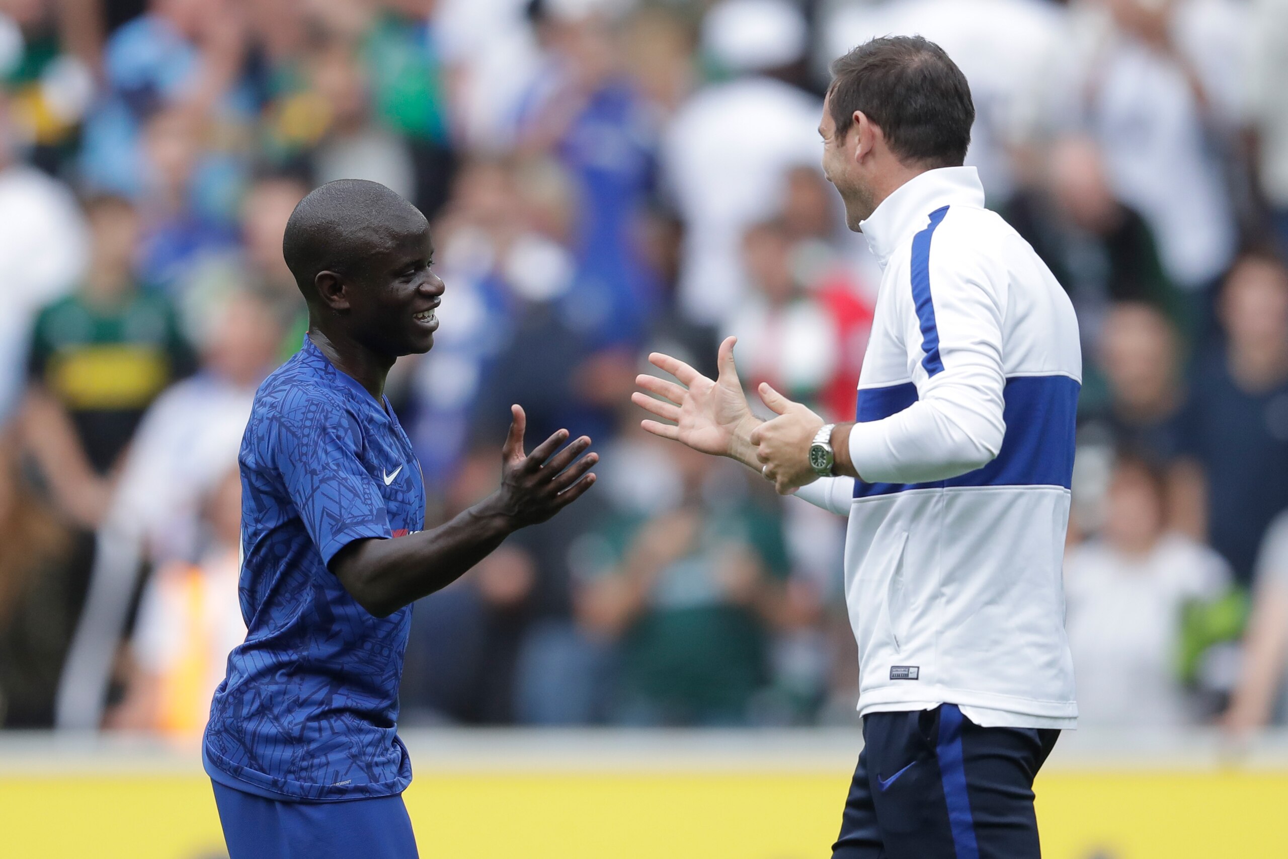 MONCHENGLADBACH, GERMANY - AUGUST 3: (L-R) N Golo Kante of Chelsea FC, coach Frank Lampard of Chelsea FC  during the Club Friendly   match between Borussia Monchengladbach v Chelsea at the Borussia Park on August 3, 2019 in Monchengladbach Germany (Photo by Laurens Lindhout/Soccrates/Getty Images)