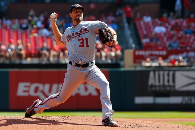 ST LOUIS, MO - SEPTEMBER 18: Max Scherzer #31 of the Washington Nationals delivers a pitch against the St. Louis Cardinals in the first inning at Busch Stadium on September 18, 2019 in St Louis, Missouri. (Photo by Dilip Vishwanat/Getty Images)