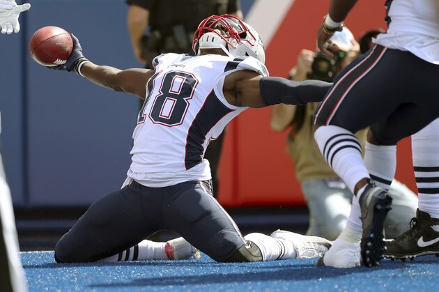 New England Patriots' Matthew Slater celebrates his touchdown after recovering a blocked punt in the first half of an NFL football game against the Buffalo Bills, Sunday, Sept. 29, 2019, in Orchard Park, N.Y. (AP Photo/Ron Schwane)