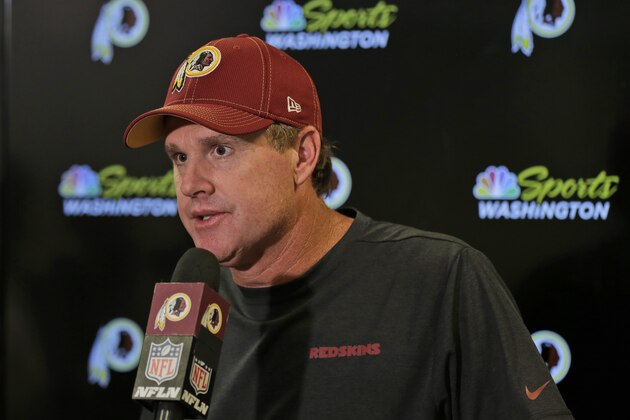 Washington Redskins head coach Jay Gruden talks to reporters after an NFL football game against the New York Giants, Sunday, Sept. 29, 2019, in East Rutherford, N.J. The Giants defeated the Redskins 24-3. (AP Photo/Adam Hunger)