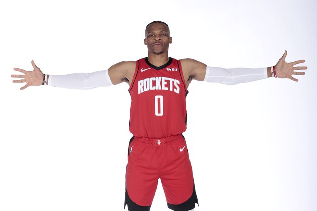 HOUSTON, TX - SEPTEMBER 27: Russell Westbrook #0 of the Houston Rockets poses for a portrait during media day on September 27, 2019 at The Post Oak Hotel in Houston, Texas. NOTE TO USER: User expressly acknowledges and agrees that, by downloading and/or using this photograph, user is consenting to the terms and conditions of the Getty Images License Agreement. Mandatory Copyright Notice: Copyright 2019 NBAE (Photo by Troy Fields/NBAE via Getty Images)