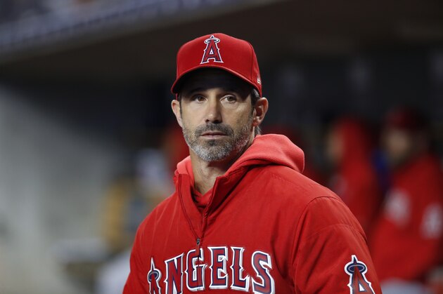 Los Angeles Angels manager Brad Ausmus watches the sixth inning of the team's baseball game against the Detroit Tigers in Detroit, Tuesday, May 7, 2019. (AP Photo/Paul Sancya)