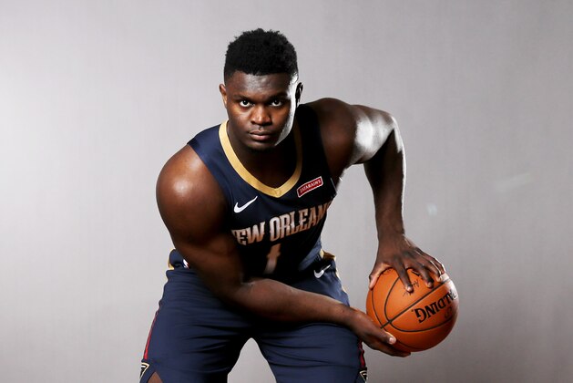 MADISON, NEW JERSEY - AUGUST 11: Zion Williamson of the New Orleans Pelicans poses for a portrait during the 2019 NBA Rookie Photo Shoot on August 11, 2019 at the Ferguson Recreation Center in Madison, New Jersey. (Photo by Elsa/Getty Images)