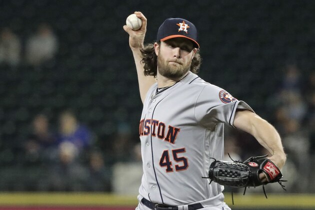 Houston Astros starting pitcher Gerrit Cole throws the ball during a baseball game against the Seattle Mariners, Tuesday, Sept. 24, 2019, in Seattle. (AP Photo/Ted S. Warren)