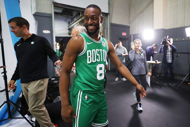 CANTON, MASSACHUSETTS - SEPTEMBER 30: Kemba Walker #8 walks past Head Coach Brad Stevens during Celtics Media Day at High Output Studios on September 30, 2019 in Canton, Massachusetts. (Photo by Maddie Meyer/Getty Images) CANTON, MASSACHUSETTS - SEPTEMBER 30: Kemba Walker #8 walks past Head Coach Brad Stevens during Celtics Media Day at High Output Studios on September 30, 2019 in Canton, Massachusetts. (Photo by Maddie Meyer/Getty Images)