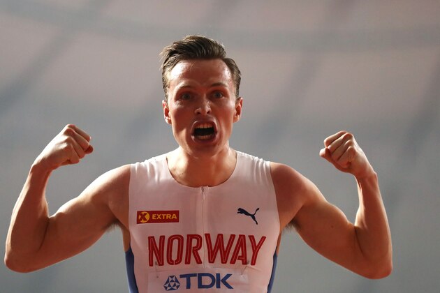 DOHA, QATAR - SEPTEMBER 30: Karsten Warholm of Norway celebrates winning gold in the Men's 400 metres hurdles final during day four of 17th IAAF World Athletics Championships Doha 2019 at Khalifa International Stadium on September 30, 2019 in Doha, Qatar. (Photo by Maja Hitij/Getty Images)