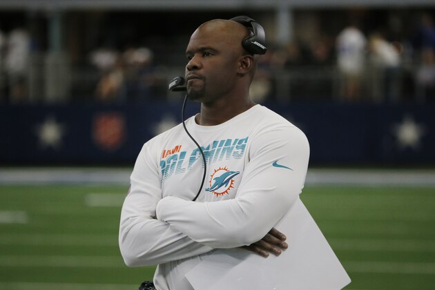 Miami Dolphins head coach Brian Flores looks on as his team played the Dallas Cowboys during the first half of a NFL football game in Arlington, Texas, Sunday, Sept. 22, 2019. (AP Photo/Michael Ainsworth)
