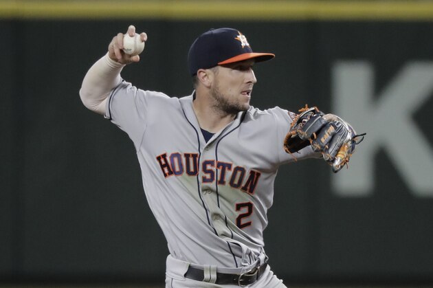 Houston Astros shortstop Alex Bregman throws the ball during a baseball game against the Seattle Mariners, Tuesday, Sept. 24, 2019, in Seattle. (AP Photo/Ted S. Warren)