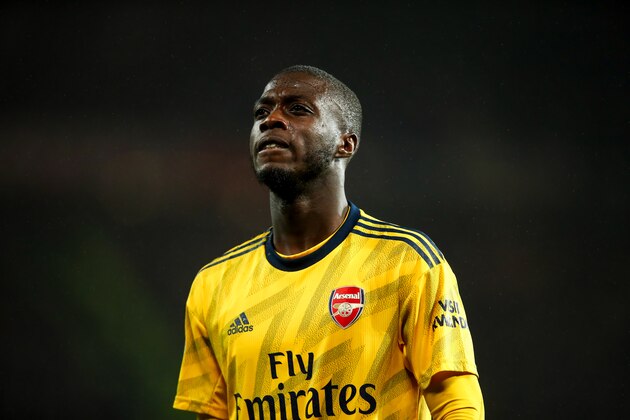 MANCHESTER, ENGLAND - SEPTEMBER 30: Nicolas Pepe of Arsenal during the Premier League match between Manchester United and Arsenal FC at Old Trafford on September 30, 2019 in Manchester, United Kingdom. (Photo by Robbie Jay Barratt - AMA/Getty Images)