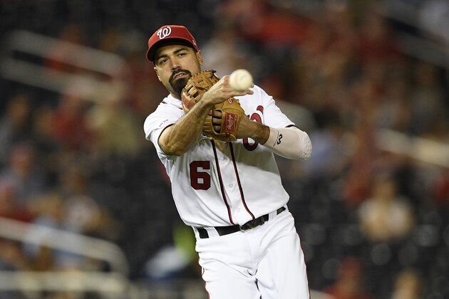 Washington Nationals third baseman Anthony Rendon throws to first to get out Philadelphia Phillies' Jean Segura during the third inning of a baseball game Monday, Sept. 23, 2019, in Washington. (AP Photo/Nick Wass)
