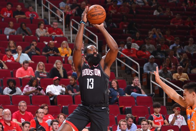 HOUSTON, TX - SEPTEMBER 30 : James Harden #13 of the Houston Rockets shoots the ball against the Shanghai Sharks during the preseason on September 30, 2019 at the Toyota Center in Houston, Texas. NOTE TO USER: User expressly acknowledges and agrees that, by downloading and or using this photograph, User is consenting to the terms and conditions of the Getty Images License Agreement. Mandatory Copyright Notice: Copyright 2019 NBAE (Photo by Bill Baptist/NBAE via Getty Images)