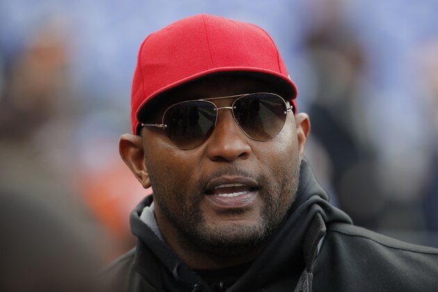 Former Baltimore Ravens linebacker Ray Lewis stands on the field before an NFL football game between the Ravens and the Cleveland Browns, Sunday, Dec. 30, 2018, in Baltimore. (AP Photo/Carolyn Kaster)