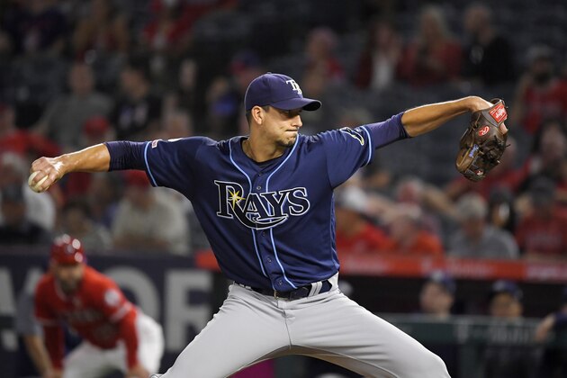 Tampa Bay Rays starting pitcher Charlie Morton winds up during the first inning of the team's  baseball game against the Los Angeles Angels on Friday, Sept. 13, 2019, in Anaheim, Calif. (AP Photo/Mark J. Terrill)