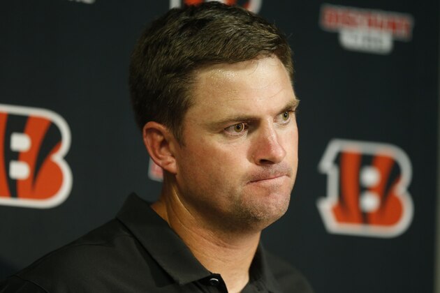 Cincinnati Bengals head coach Zac Taylor speaks during a news conference after an NFL football game against the Buffalo Bills Sunday, Sept. 22, 2019, in Orchard Park, N.Y. The Bills won 21-17. (AP Photo/John Munson)