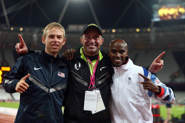 LONDON, ENGLAND - AUGUST 04:  (R) Mohamed Farah of Great Britain celebrates winning gold with silver medalist Galen Rupp of the United States and (C) coach Alberto Salazar after the Men's 10,000m Final on Day 8 of the London 2012 Olympic Games at Olympic Stadium on August 4, 2012 in London, England.  (Photo by Michael Steele/Getty Images)