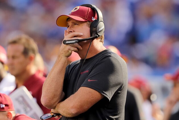 EAST RUTHERFORD, NEW JERSEY - SEPTEMBER 29:  Head coach Jay Gruden of the Washington Redskins reacts in the fourth quarter against the New York Giants at MetLife Stadium on September 29, 2019 in East Rutherford, New Jersey. (Photo by Elsa/Getty Images)