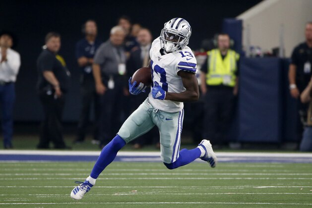 Dallas Cowboys wide receiver Michael Gallup (13) gains yardage after a catch during a NFL football game against the New York Giants in Arlington, Texas, Sunday, Sept. 8, 2019. (AP Photo/Ron Jenkins)