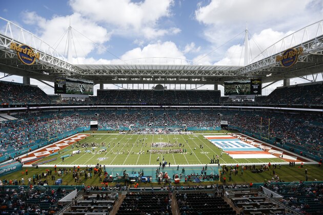 Hard Rock Stadium pre-game ceremony before an NFL football game between the Miami Dolphins and the New England Patriots, Sunday, Sept. 15, 2019, in Miami Gardens, Fla. (AP Photo/Brynn Anderson)
