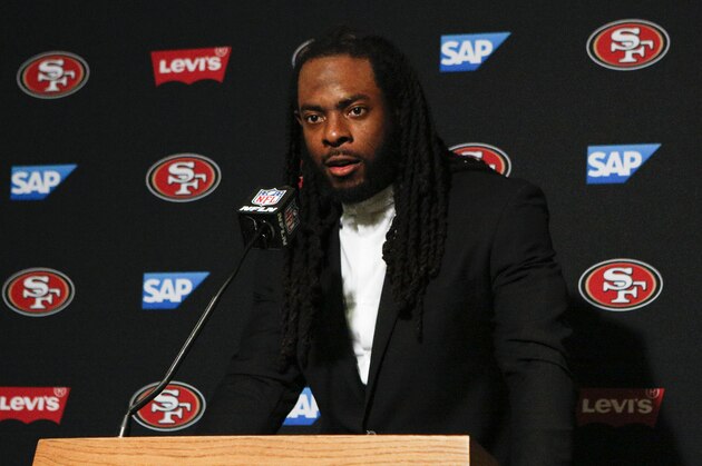 San Francisco 49ers cornerback Richard Sherman participates in a news conference after an NFL football game against the Cincinnati Bengals, Sunday, Sept. 15, 2019, in Cincinnati. (AP Photo/Frank Victores)
