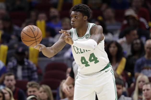 Boston Celtics' Robert Williams passes against the Cleveland Cavaliers in the second half of an NBA preseason basketball game, Saturday, Oct. 6, 2018, in Cleveland. (AP Photo/Tony Dejak)