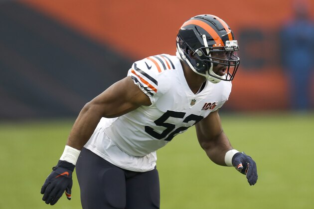Chicago Bears outside linebacker Khalil Mack heads toward the Minnesota Vikings' quarterback during the first half of an NFL football game Sunday, Sept. 29, 2019, in Chicago. (AP Photo/Charles Rex Arbogast)