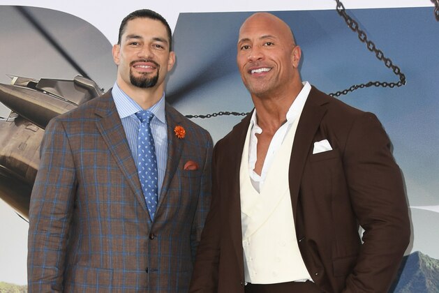 HOLLYWOOD, CALIFORNIA - JULY 13:  Roman Reigns and Dwayne Johnson attend the Premiere Of Universal Pictures'