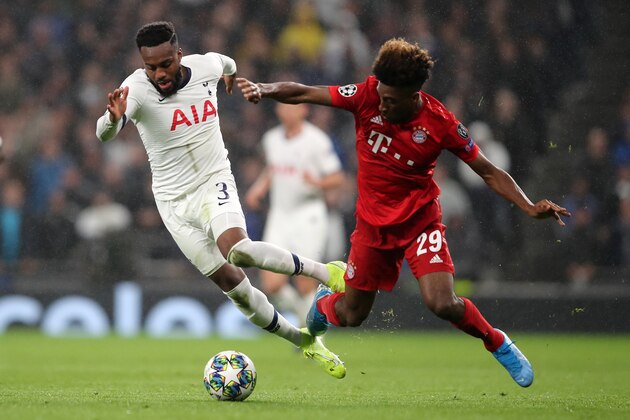 LONDON, ENGLAND - OCTOBER 01: Danny Rose of Tottenham Hotspur in action with Kingsley Coman of Bayern Munich during the UEFA Champions League group B match between Tottenham Hotspur and Bayern Muenchen at Tottenham Hotspur Stadium on October 1, 2019 in London, United Kingdom. (Photo by Marc Atkins/Getty Images)