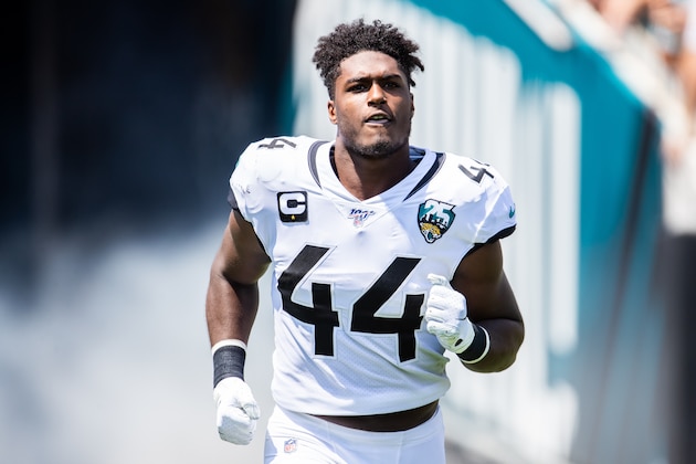 JACKSONVILLE, FLORIDA - SEPTEMBER 08: Myles Jack #44 of the Jacksonville Jaguars enters the field during player introductions before a game against the Kansas City Chiefs at TIAA Bank Field on September 08, 2019 in Jacksonville, Florida. (Photo by James Gilbert/Getty Images)