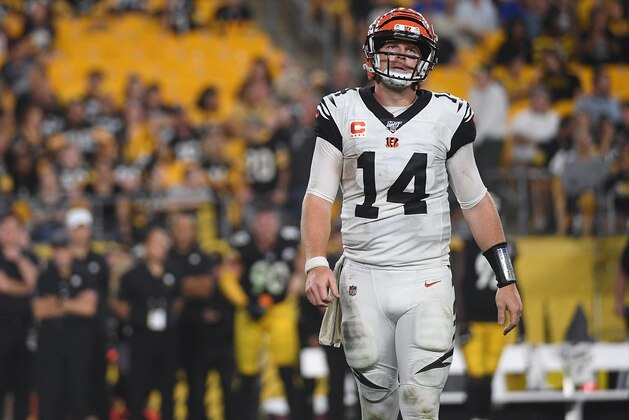 PITTSBURGH, PA - SEPTEMBER 30: Andy Dalton #14 of the Cincinnati Bengals walks off the field after being stopped on a fourth down play in the second half during the game against the Pittsburgh Steelers at Heinz Field on September 30, 2019 in Pittsburgh, Pennsylvania. (Photo by Justin Berl/Getty Images)